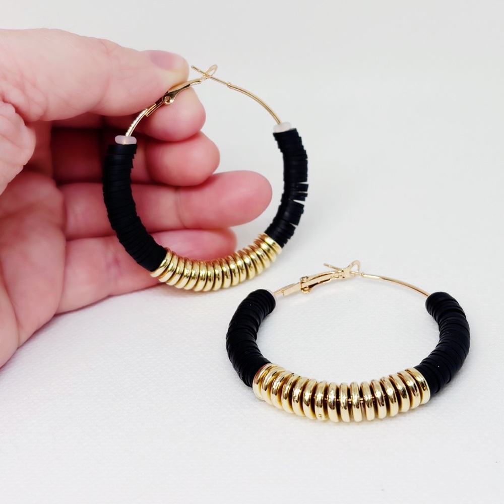 Gold and Black Beaded Hoop Earrings!